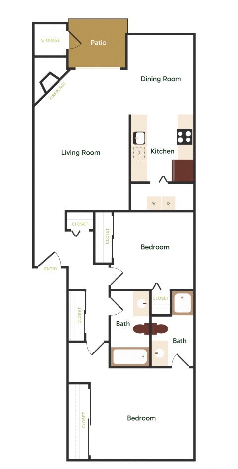 A floor plan of a house with a patio, dining room, living room, kitchen, and three bedrooms.